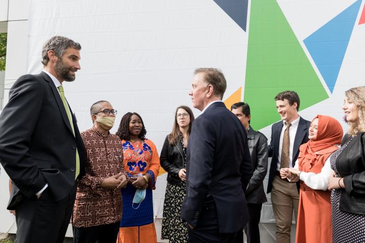 President Lohr and Gov Lamont speaking in front of students